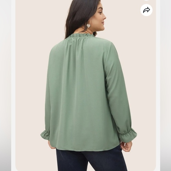 BloomChic Plus Size Plain Lantern Sleeve Ruffle Trim Mock Neck Blouse - Picture 2 of 6